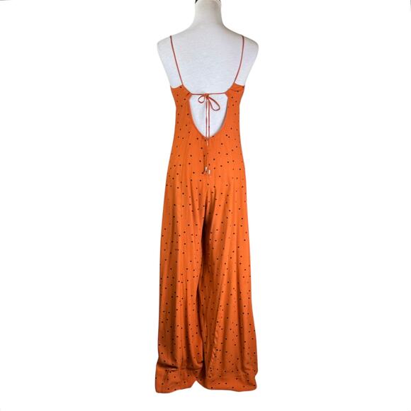 Free People Summer Jamboree Dark Orange Black Polka Dot Wide Leg  Jumpsuit - Picture 5 of 13